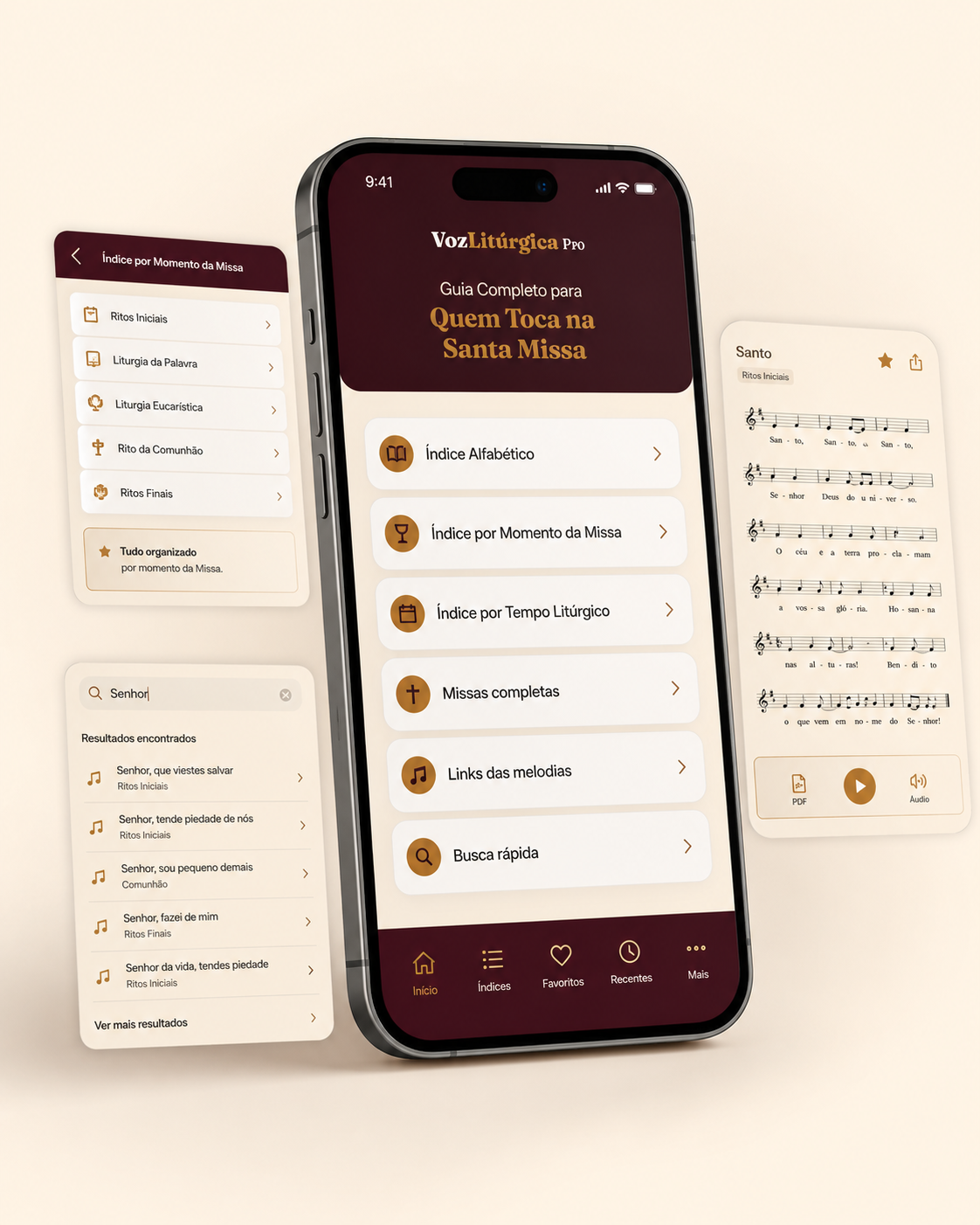 Prévia do app VozLitúrgica Pro com índices e cifras